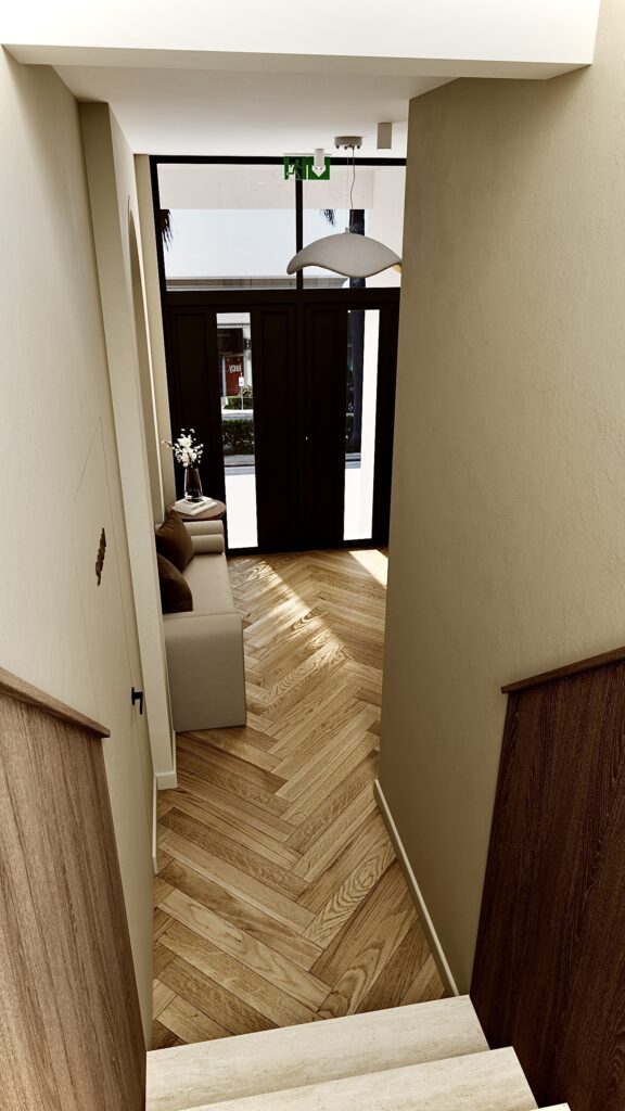 Amenajare zonă de intrare și recepție realizată de Fabiano Interiors în Oradea pentru Oasis Complex, cu arcadă decorativă din tencuială texturată, siglă volumetrice, banchetă elegantă în tonuri calde, nișe încastrate cu forme rotunjite, basorelief floral mural și parchet din lemn dispus în spic.