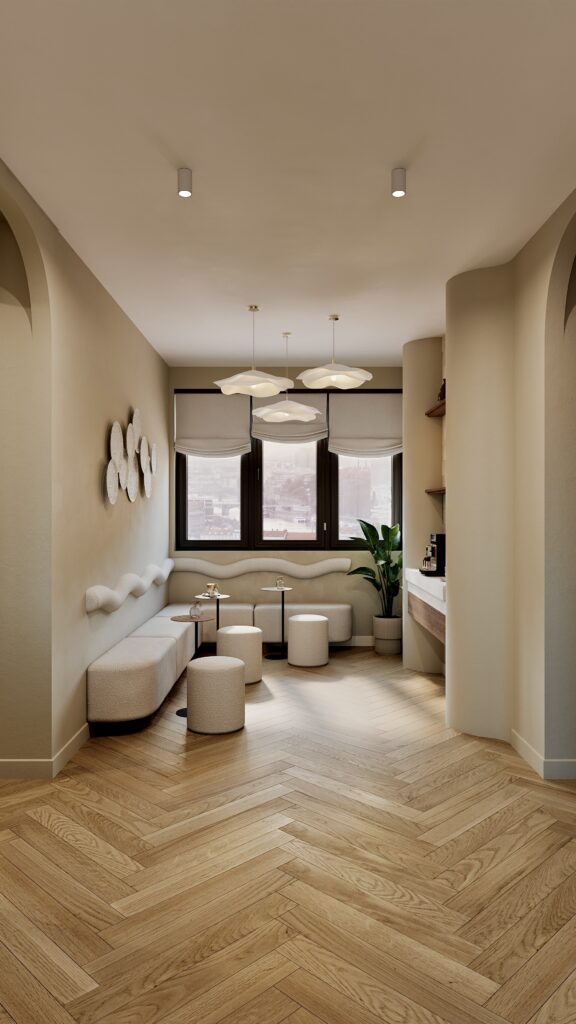 Proiect de design interior lounge în Oradea realizat de Fabiano Interiors, un spațiu de așteptare comercial rafinat ce include forme fluide pe perete, mobilier tapițat în nuanțe cremoase, zonă de cafea integrată discret, plante verzi decorative și o schemă cromatică senină inspirată din natura urbană.