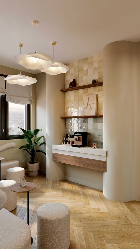 Proiect de design interior lounge în Oradea realizat de Fabiano Interiors, un spațiu de așteptare comercial rafinat ce include forme fluide pe perete, mobilier tapițat în nuanțe cremoase, zonă de cafea integrată discret, plante verzi decorative și o schemă cromatică senină inspirată din natura urbană.