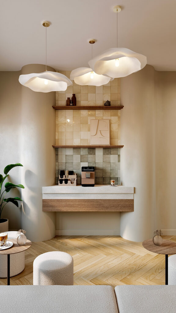 Amenajare zonă de lounge și relaxare realizată de Fabiano Interiors în Oradea pentru Oasis Complex, cu canapea modulară minimalistă în tonuri calde, tabureți din bouclé, măsuțe de cafea zvelte, lustre suspendate organice în formă de floare, parchet din lemn dispus în spic și coffee bar dedicat cu plăci ceramice artizanale zellige.