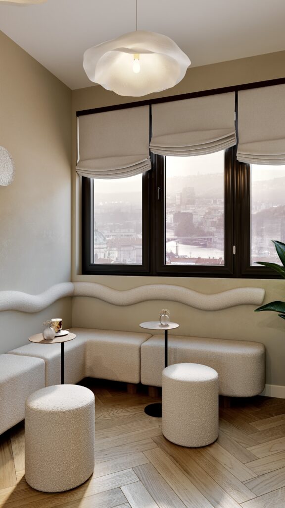Amenajare zonă de lounge și relaxare realizată de Fabiano Interiors în Oradea pentru Oasis Complex, cu canapea modulară minimalistă în tonuri calde, tabureți din bouclé, măsuțe de cafea zvelte, lustre suspendate organice în formă de floare, parchet din lemn dispus în spic și coffee bar dedicat cu plăci ceramice artizanale zellige.
