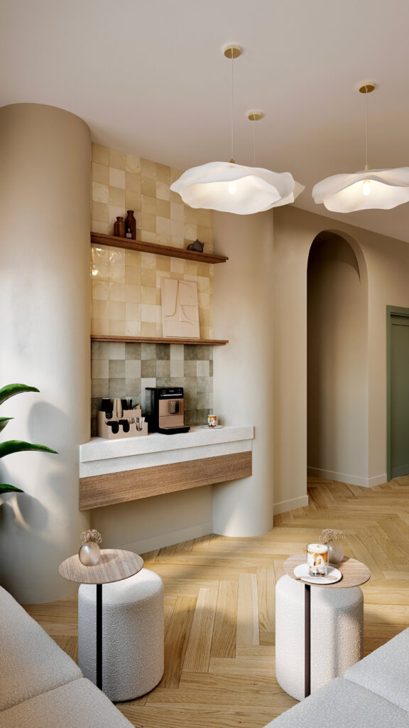 Proiect de design interior lounge în Oradea realizat de Fabiano Interiors, un spațiu de așteptare comercial rafinat ce include forme fluide pe perete, mobilier tapițat în nuanțe cremoase, zonă de cafea integrată discret, plante verzi decorative și o schemă cromatică senină inspirată din natura urbană.