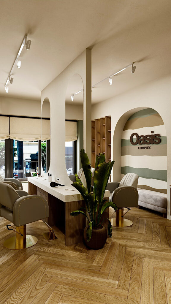 Amenajare și design interior Oradea realizat de Fabiano Interiors pentru salonul de înfrumusețare Oasis Complex, prezentând un concept integrat de amenajare comercială cu insulă centrală pentru coafură, posturi de lucru ergonomice, zonă de recepție, iluminat arhitectural pe șină și finisaje premium.