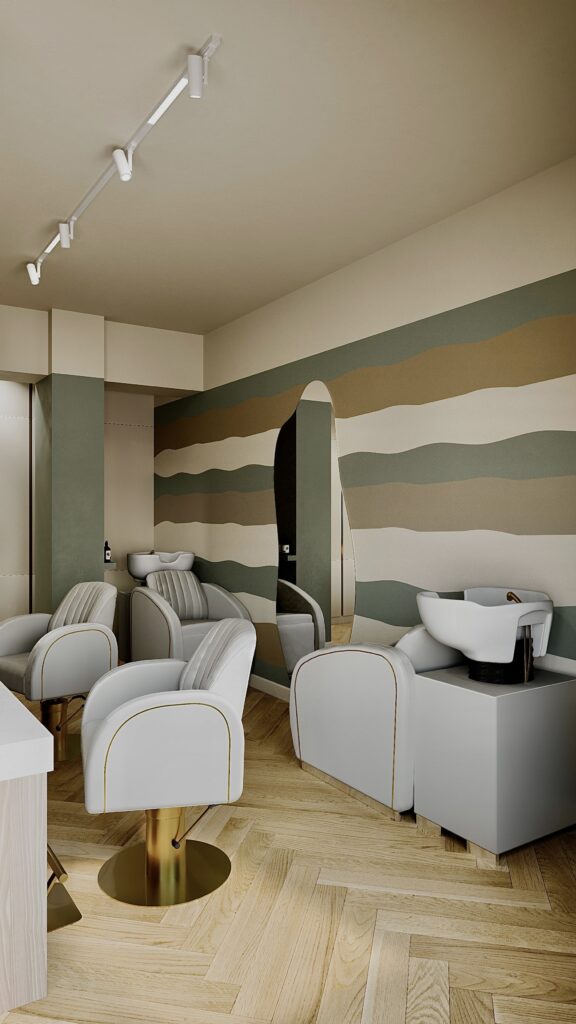 Concept exclusivist de design interior în Oradea realizat de Fabiano Interiors pentru Oasis Complex, surprinzând fluența dintre zona de coafură, spațiul de relaxare și posturile de lucru, cu mobilier realizat la comandă și iluminat ambiental integrat.