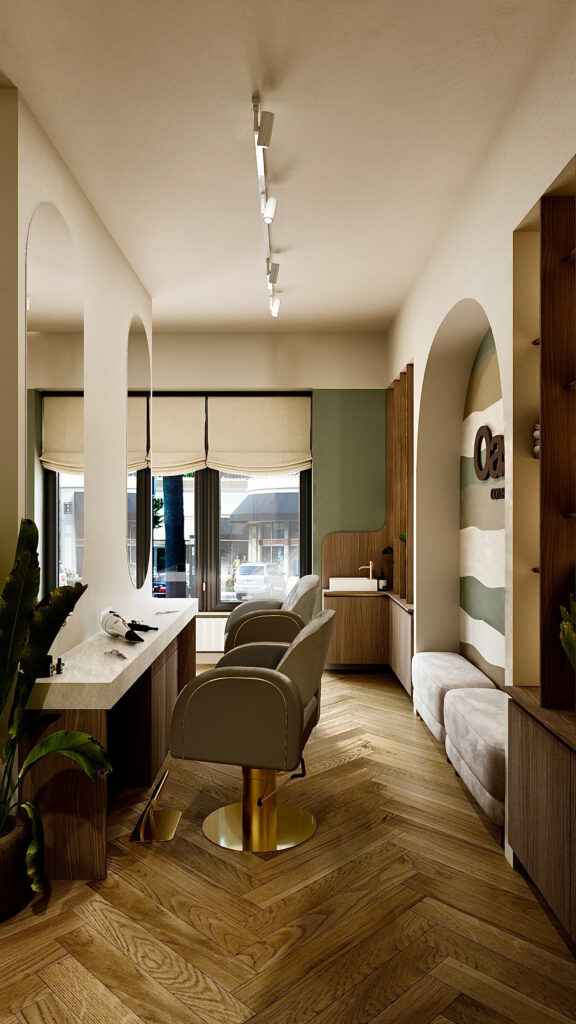 Concept exclusivist de design interior în Oradea realizat de Fabiano Interiors pentru Oasis Complex, surprinzând fluența dintre zona de coafură, spațiul de relaxare și posturile de lucru, cu mobilier realizat la comandă și iluminat ambiental integrat.