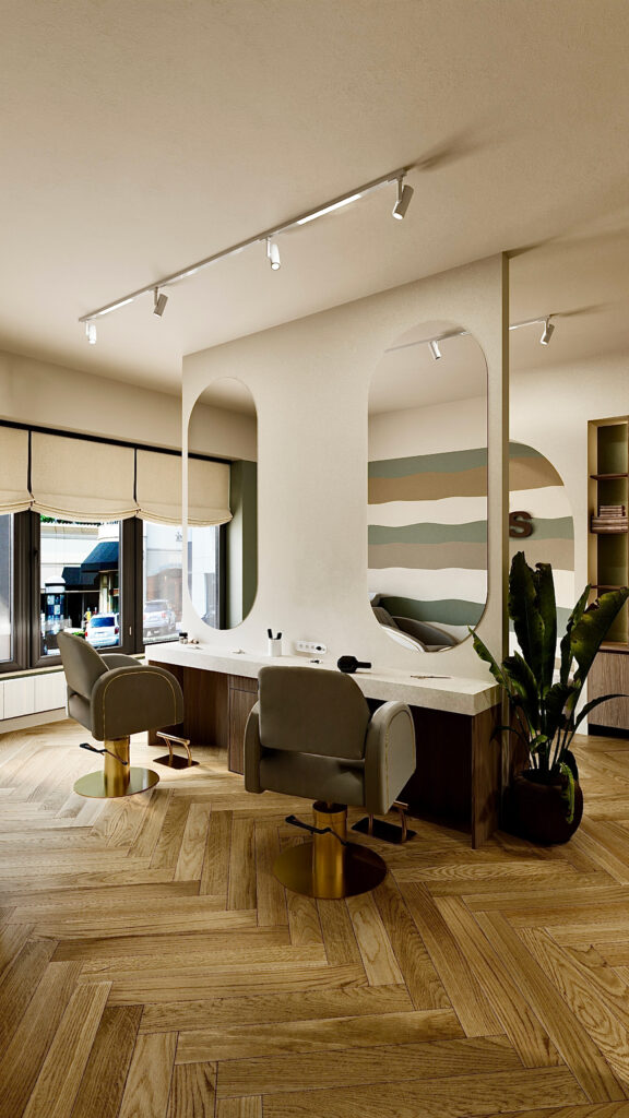 Concept exclusivist de design interior în Oradea realizat de Fabiano Interiors pentru Oasis Complex, surprinzând fluența dintre zona de coafură, spațiul de relaxare și posturile de lucru, cu mobilier realizat la comandă și iluminat ambiental integrat.