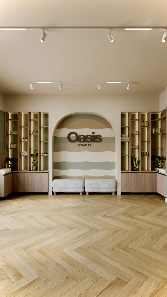 Amenajare și design interior Oradea realizat de Fabiano Interiors pentru salonul de înfrumusețare Oasis Complex, prezentând un concept integrat de amenajare comercială cu insulă centrală pentru coafură, posturi de lucru ergonomice, zonă de recepție, iluminat arhitectural pe șină și finisaje premium.