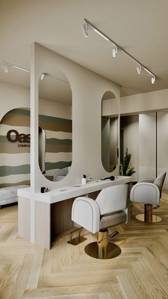 Concept exclusivist de design interior în Oradea realizat de Fabiano Interiors pentru Oasis Complex, surprinzând fluența dintre zona de coafură, spațiul de relaxare și posturile de lucru, cu mobilier realizat la comandă și iluminat ambiental integrat.