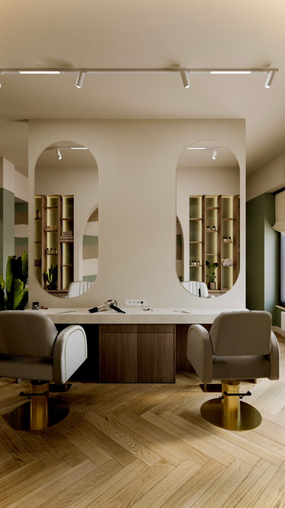 Amenajare și design interior Oradea realizat de Fabiano Interiors pentru salonul de înfrumusețare Oasis Complex, prezentând un concept integrat de amenajare comercială cu insulă centrală pentru coafură, posturi de lucru ergonomice, zonă de recepție, iluminat arhitectural pe șină și finisaje premium.