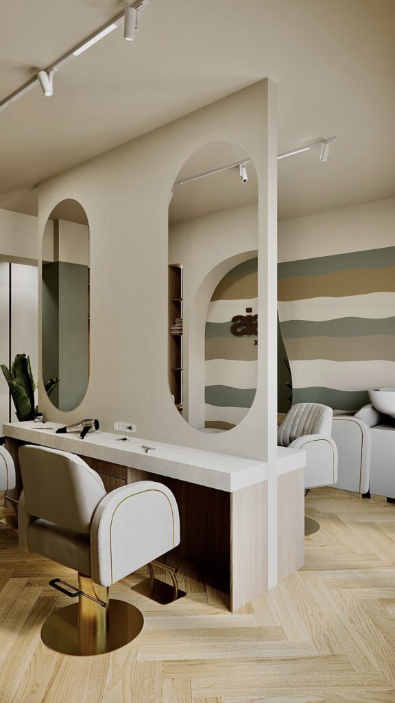 Concept exclusivist de design interior în Oradea realizat de Fabiano Interiors pentru Oasis Complex, surprinzând fluența dintre zona de coafură, spațiul de relaxare și posturile de lucru, cu mobilier realizat la comandă și iluminat ambiental integrat.